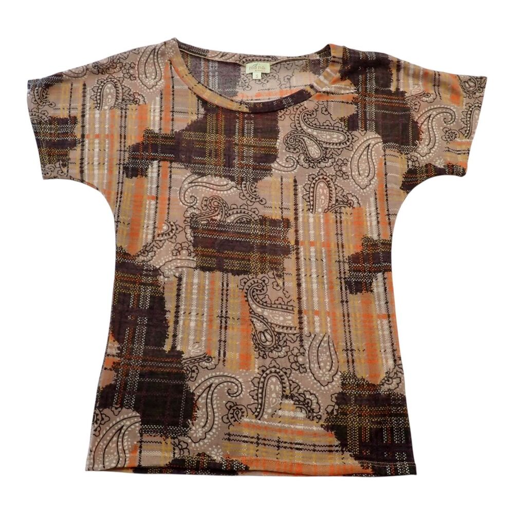 Petit Pois Knit Top Small Tan Orange Paisley Plaid Short Sleeve Wool Blend USA